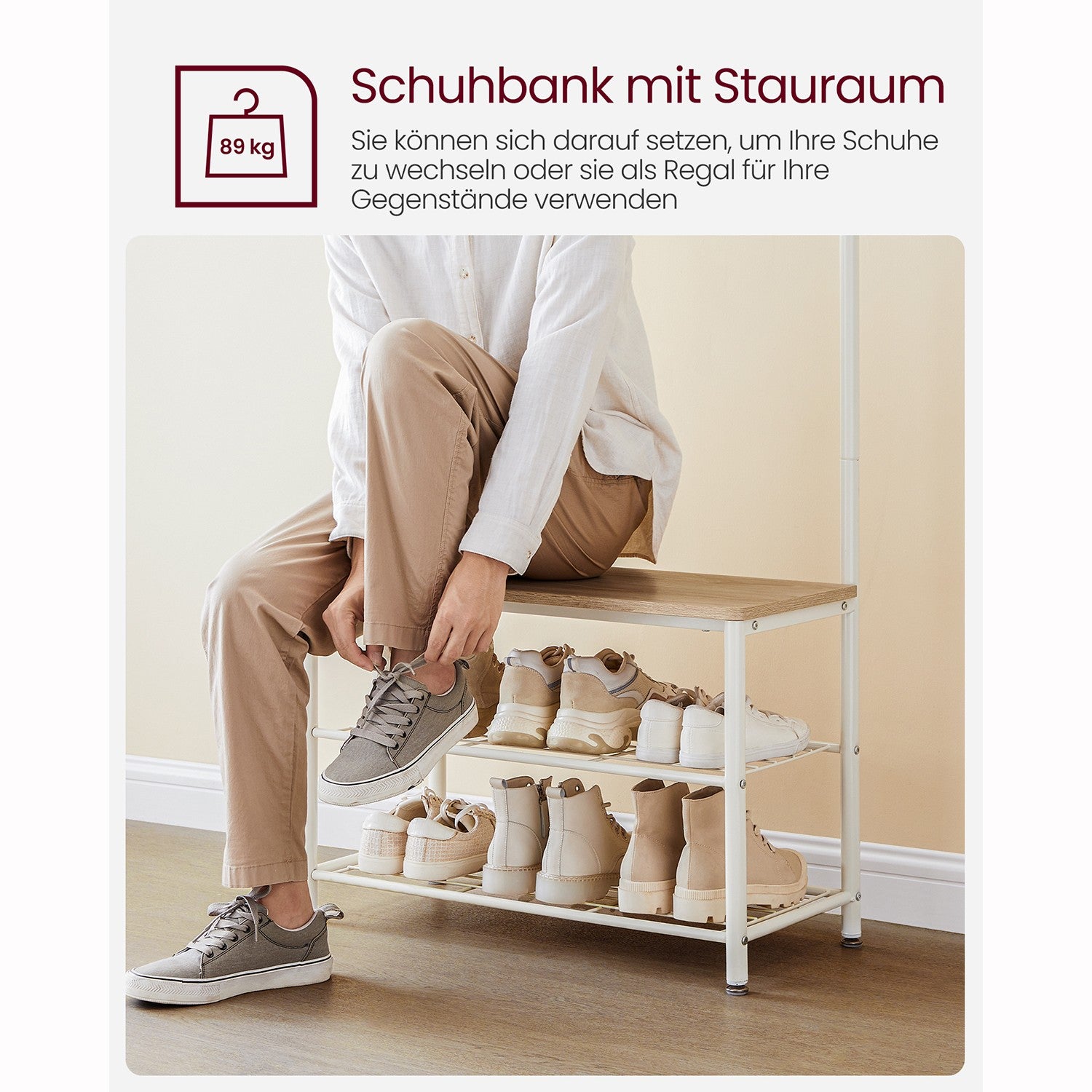 Garderobenständer mit Sitzbank – 3-in-1 Garderobe – Jacken, Schuhe & Sitzbank – 70 x 32 x 175 cm