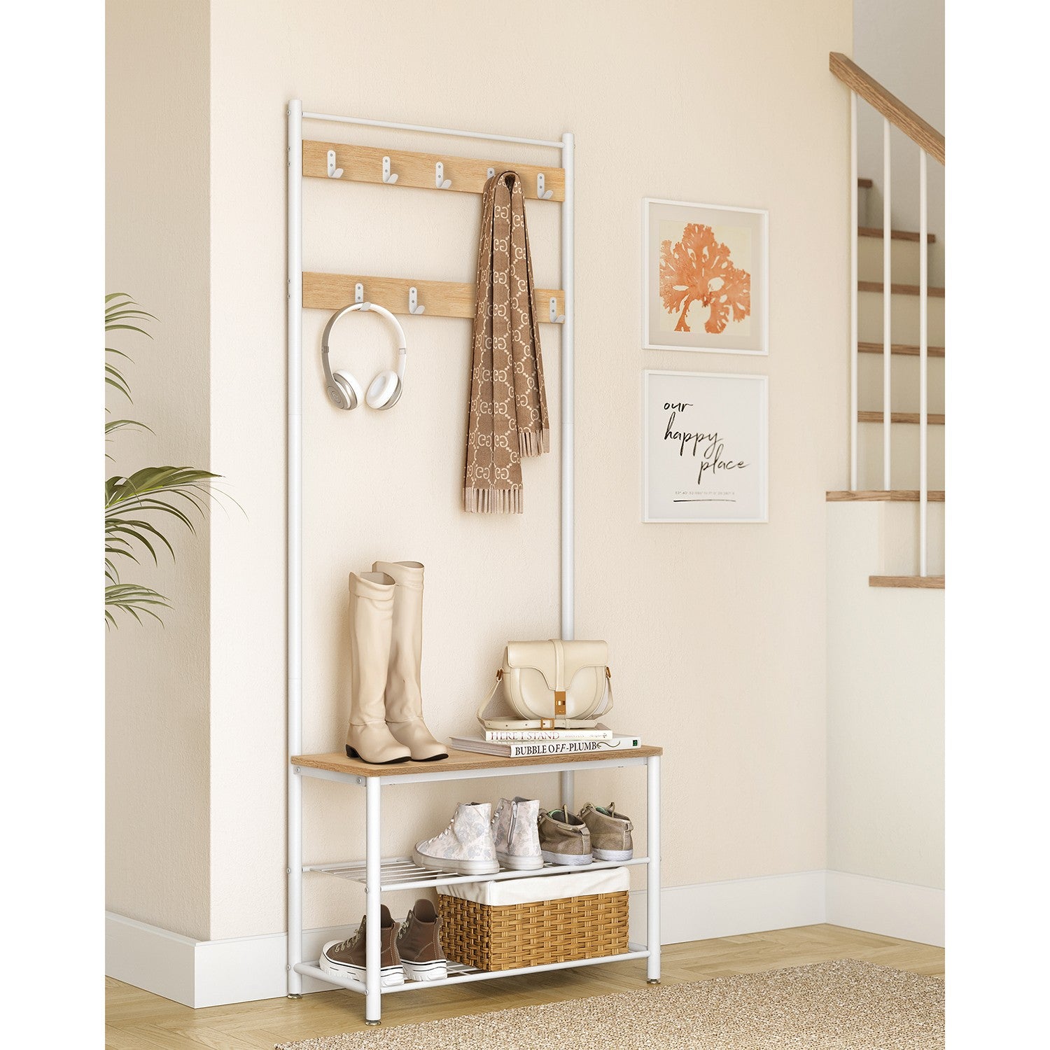 Garderobenständer mit Sitzbank – 3-in-1 Garderobe – Jacken, Schuhe & Sitzbank – 70 x 32 x 175 cm