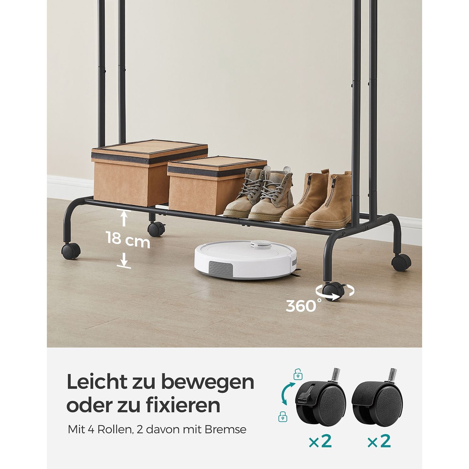 Kleiderständer auf Rollen - Doppelstange mit Haken und Ablagefläche - Mobiler Kleiderständer bis 100 kg - Verstellbar und Standfest