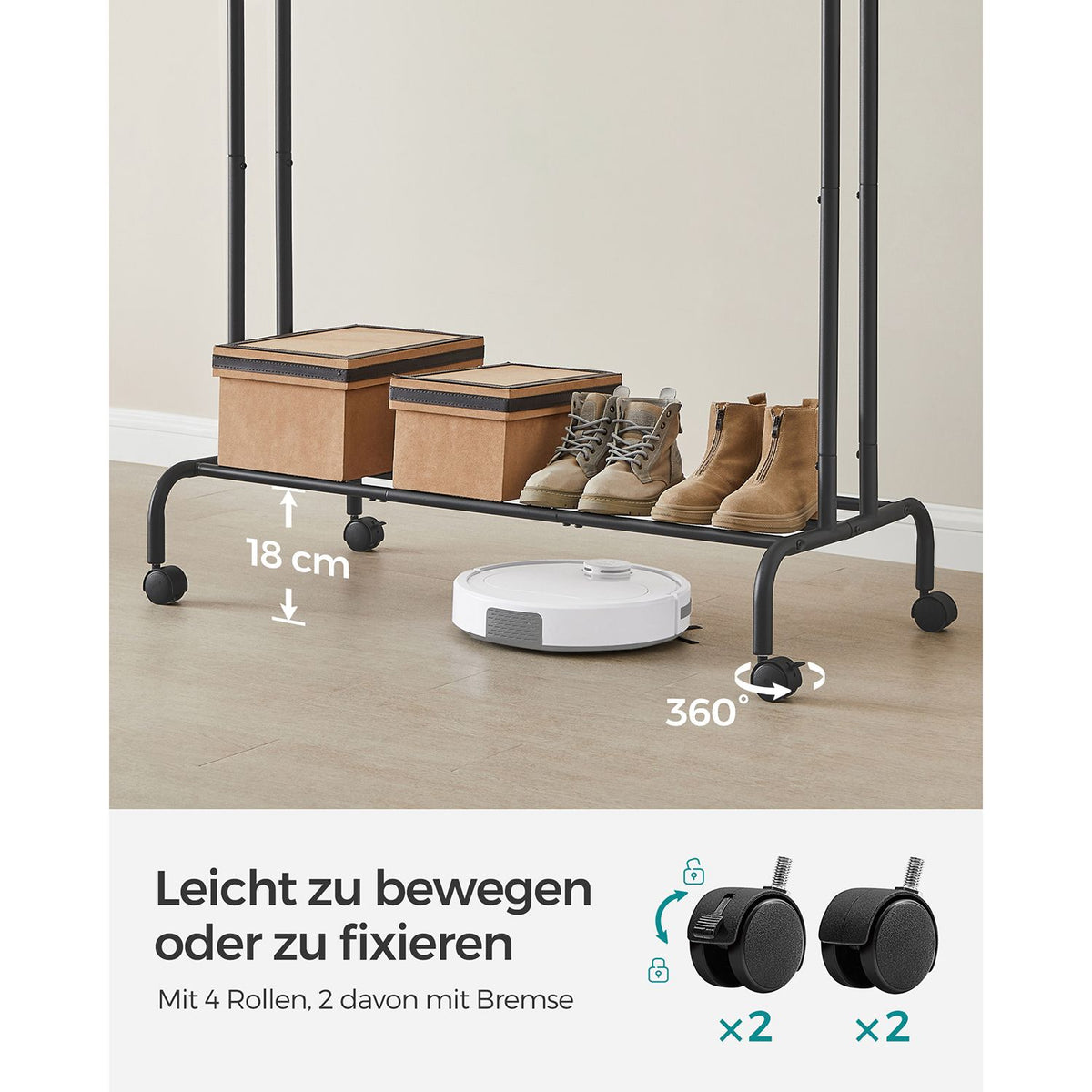 Kleiderständer auf Rollen - Doppelstange mit Haken und Ablagefläche - Mobiler Kleiderständer bis 100 kg - Verstellbar und Standfest
