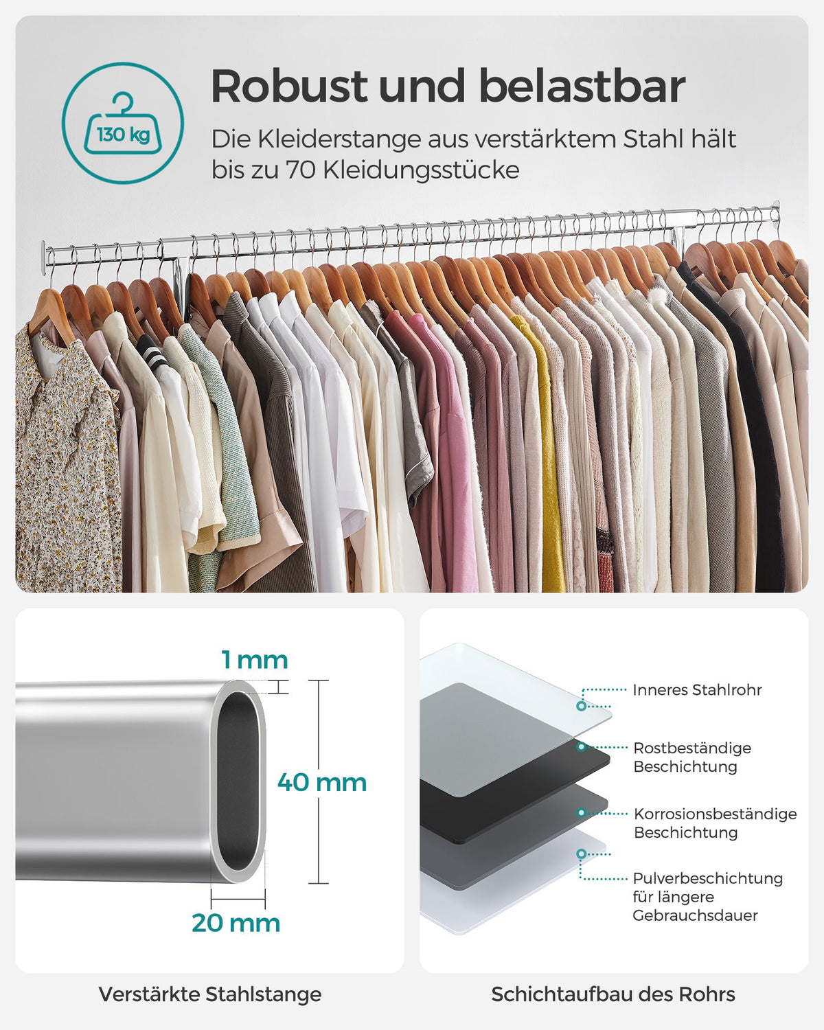 Kleiderständer mit ausziehbarer Stange - Tragkraft bis 130 kg