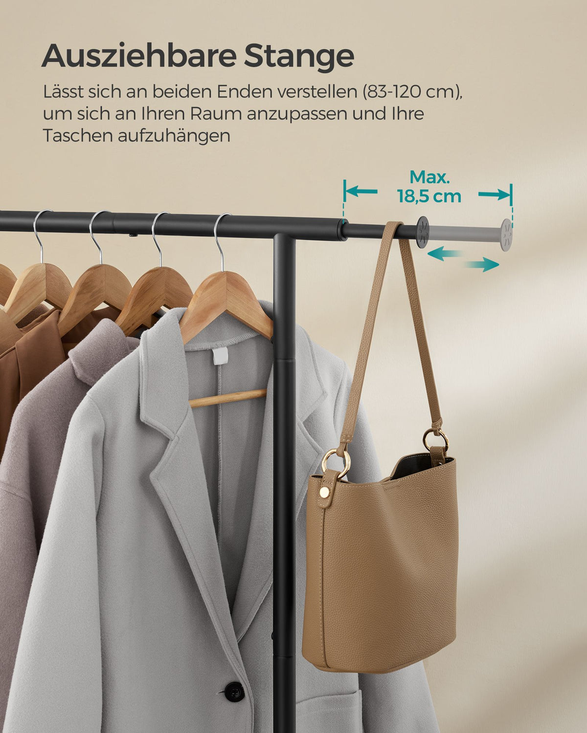 Ausziehbarer Kleiderständer auf Rollen – Kleiderständer 83-120 cm – Mit Schuhablage – 45 kg Tragkraft