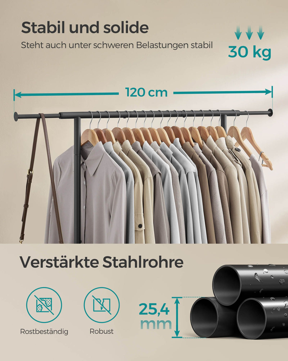 Ausziehbarer Kleiderständer auf Rollen – Kleiderständer 83-120 cm – Mit Schuhablage – 45 kg Tragkraft