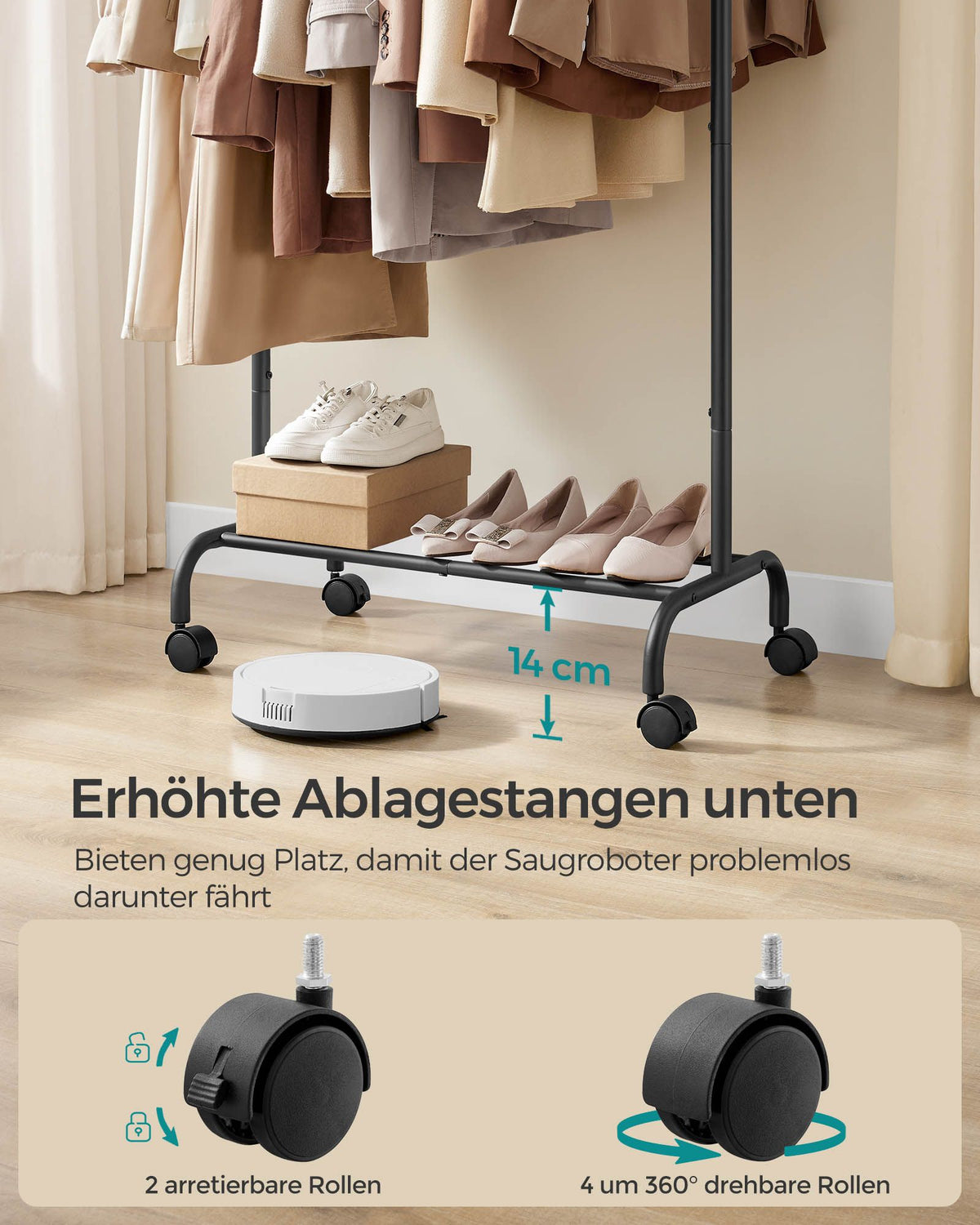 Ausziehbarer Kleiderständer auf Rollen – Kleiderständer 83-120 cm – Mit Schuhablage – 45 kg Tragkraft