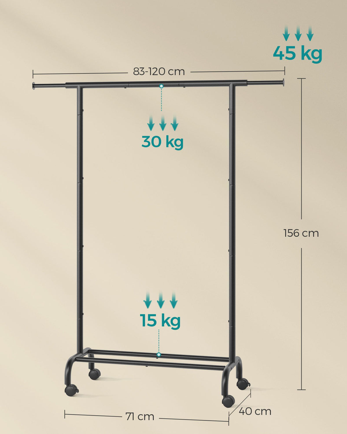 Ausziehbarer Kleiderständer auf Rollen – Kleiderständer 83-120 cm – Mit Schuhablage – 45 kg Tragkraft