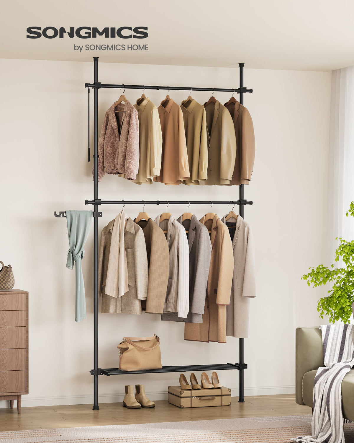 Kleiderständer ausziehbar bis zur Decke – verstellbare Garderobe – doppelte Stange und Ablagefach