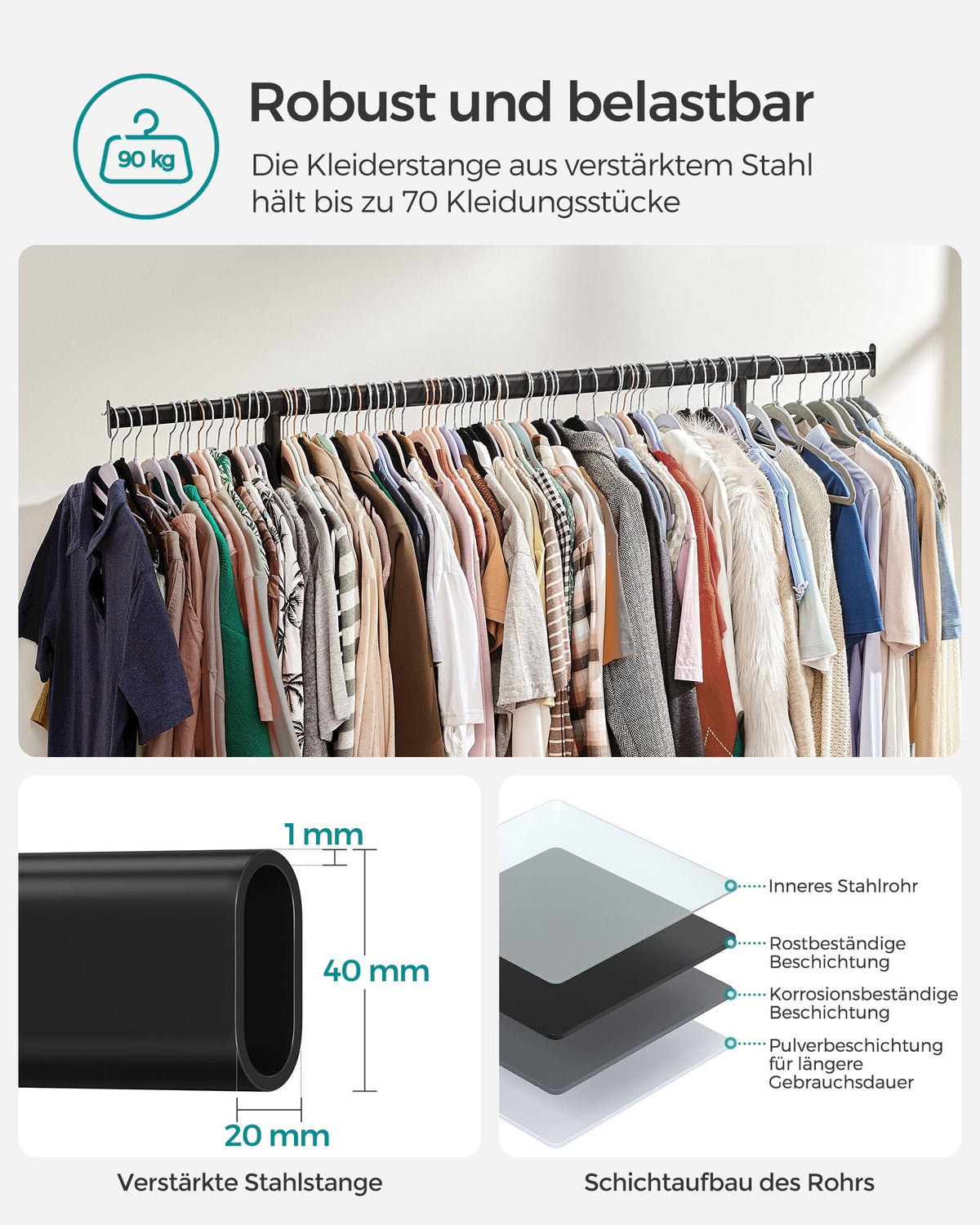 Kleiderständer aus Metall auf Rollen – Ausziehbar – Tragkraft 90 kg – Verchromter Stahl – Klappfuß
