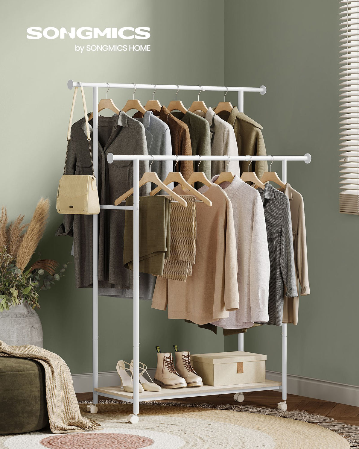 Doppelter Kleiderständer auf Rollen – Industrieller Kleiderständer mit Schuhablage – 100 kg Tragkraft