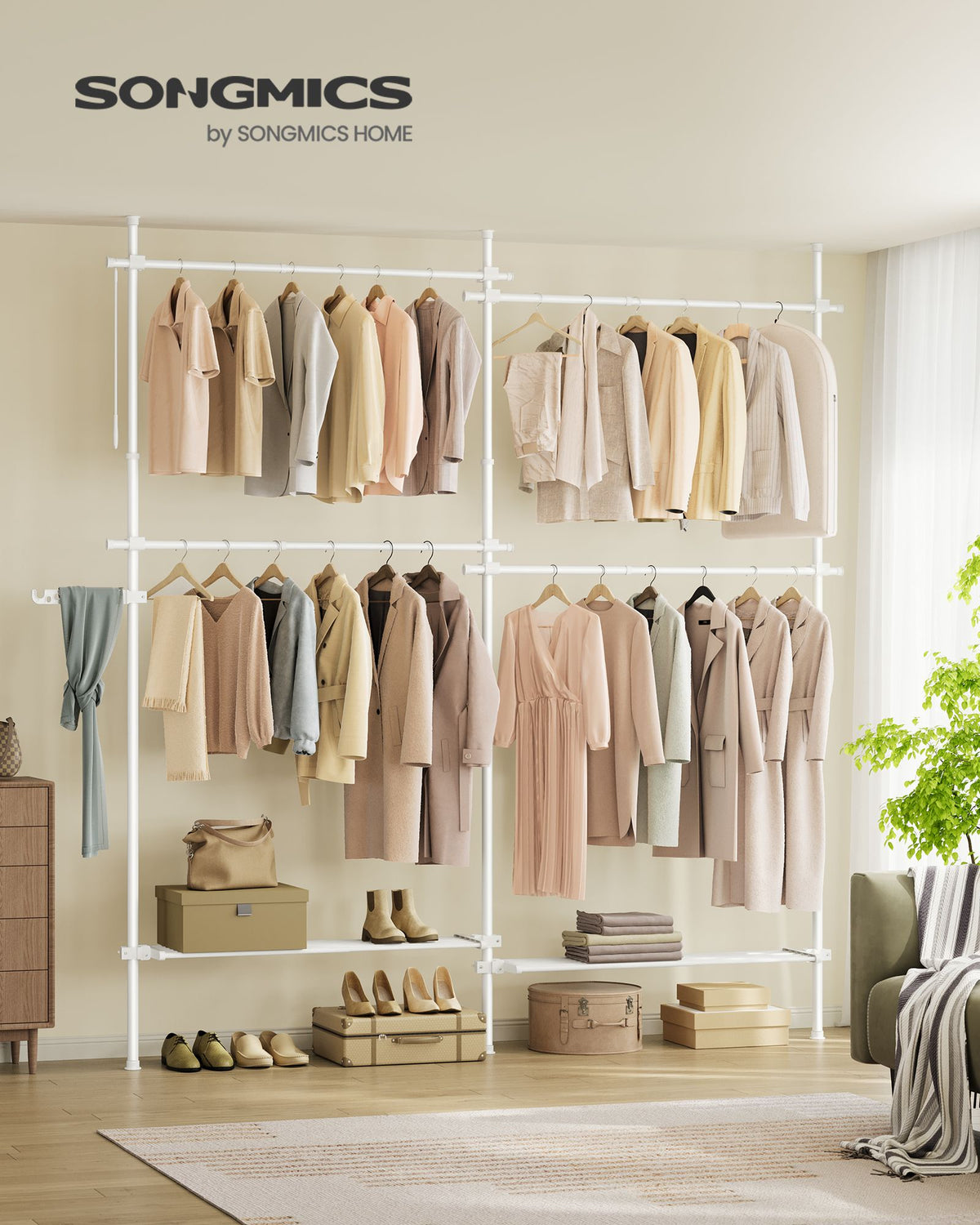 Kleiderständer ausziehbar bis zur Decke – verstellbare Garderobe – doppelte Stange und Ablagefach