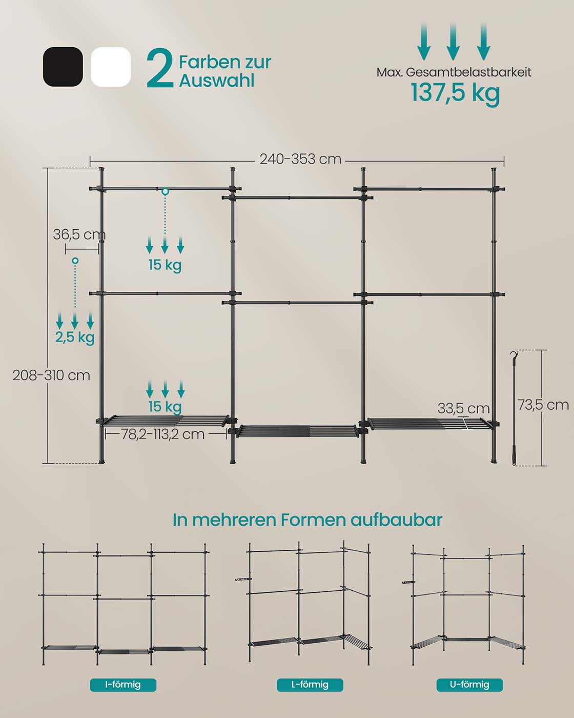 Kleiderständer – Ausziehbar – 6 Stangen – 3 Böden – Stahl – Max. Belastung 137,5 kg