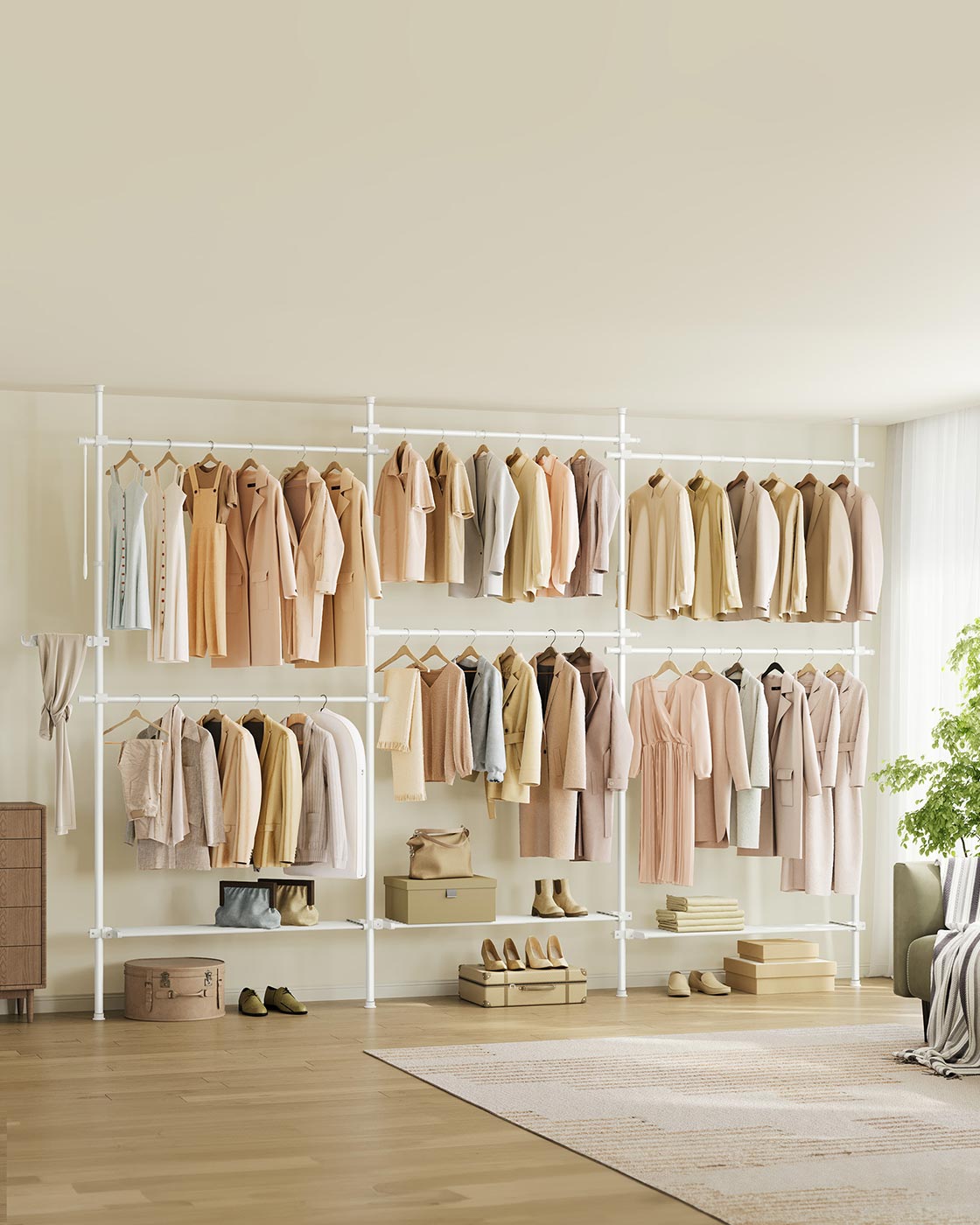 Kleiderständer ausziehbar bis zur Decke – verstellbare Garderobe – doppelte Stange und Ablagefach