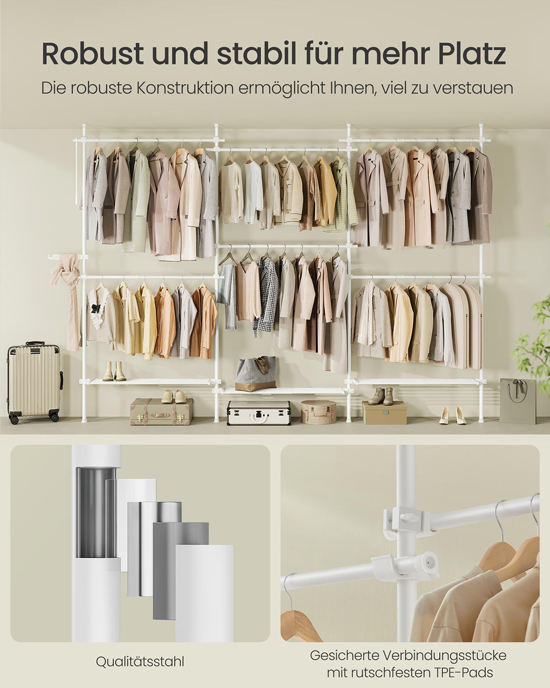 Kleiderständer ausziehbar bis zur Decke – verstellbare Garderobe – doppelte Stange und Ablagefach