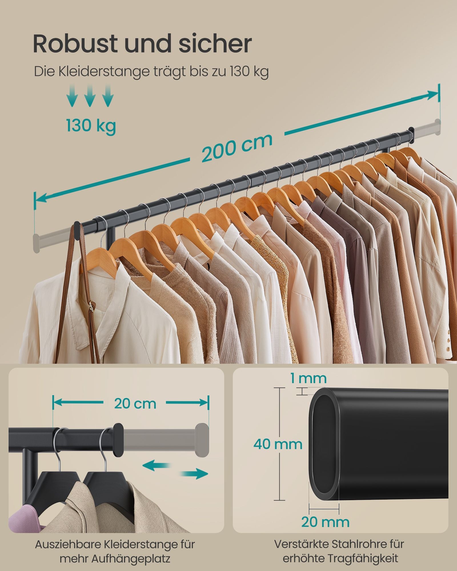 Kleiderständer auf Rollen – Ausziehbar – Tragkraft 150 kg – Verchromter Stahl – Mit Bremsfunktion
