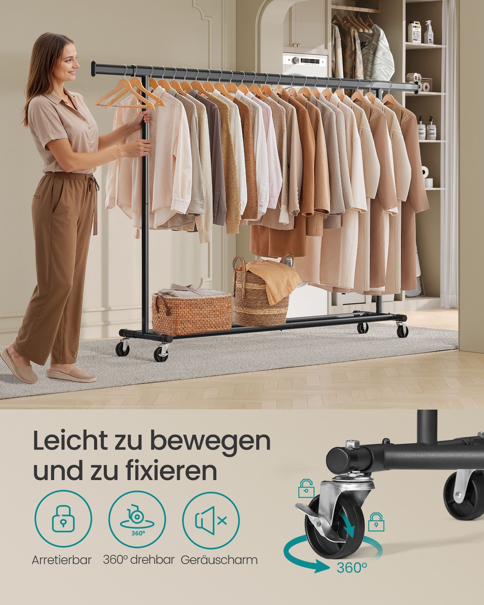 Kleiderständer auf Rollen – Ausziehbar – Tragkraft 150 kg – Verchromter Stahl – Mit Bremsfunktion