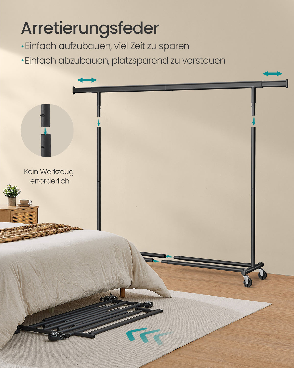 Kleiderständer auf Rollen – Ausziehbar – Tragkraft 150 kg – Verchromter Stahl – Mit Bremsfunktion