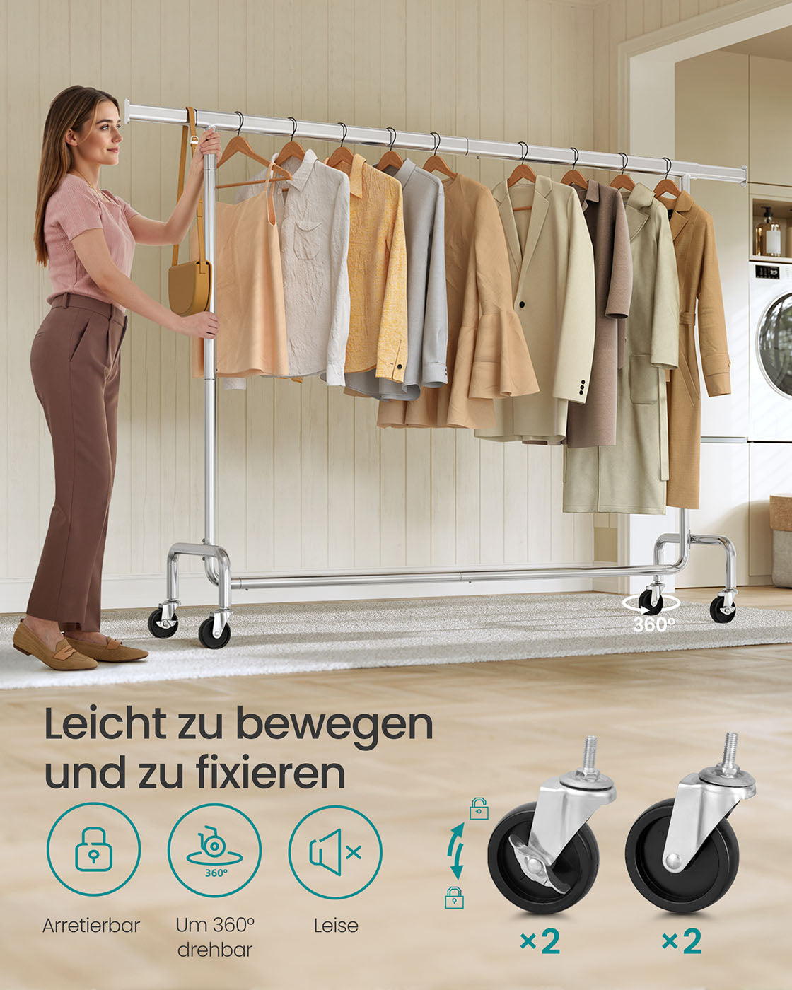 Ausziehbarer Kleiderständer auf Rollen – verchromter Stahl – 160-200 cm breit – bis 110 kg belastbar