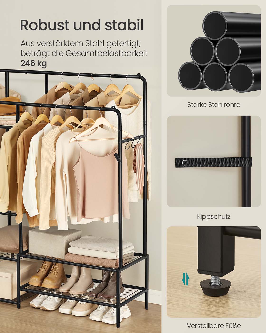 Offener Kleiderständer mit 2 Stangen und 7 Ablagen – Industriestil – Metall – Großes Fassungsvermögen