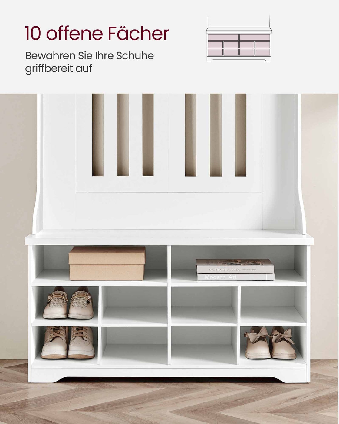 Garderobe mit Schuhbank – Kleiderschrank mit Bank und verstellbaren Einlegeböden – mit Haken – platzsparendes Design