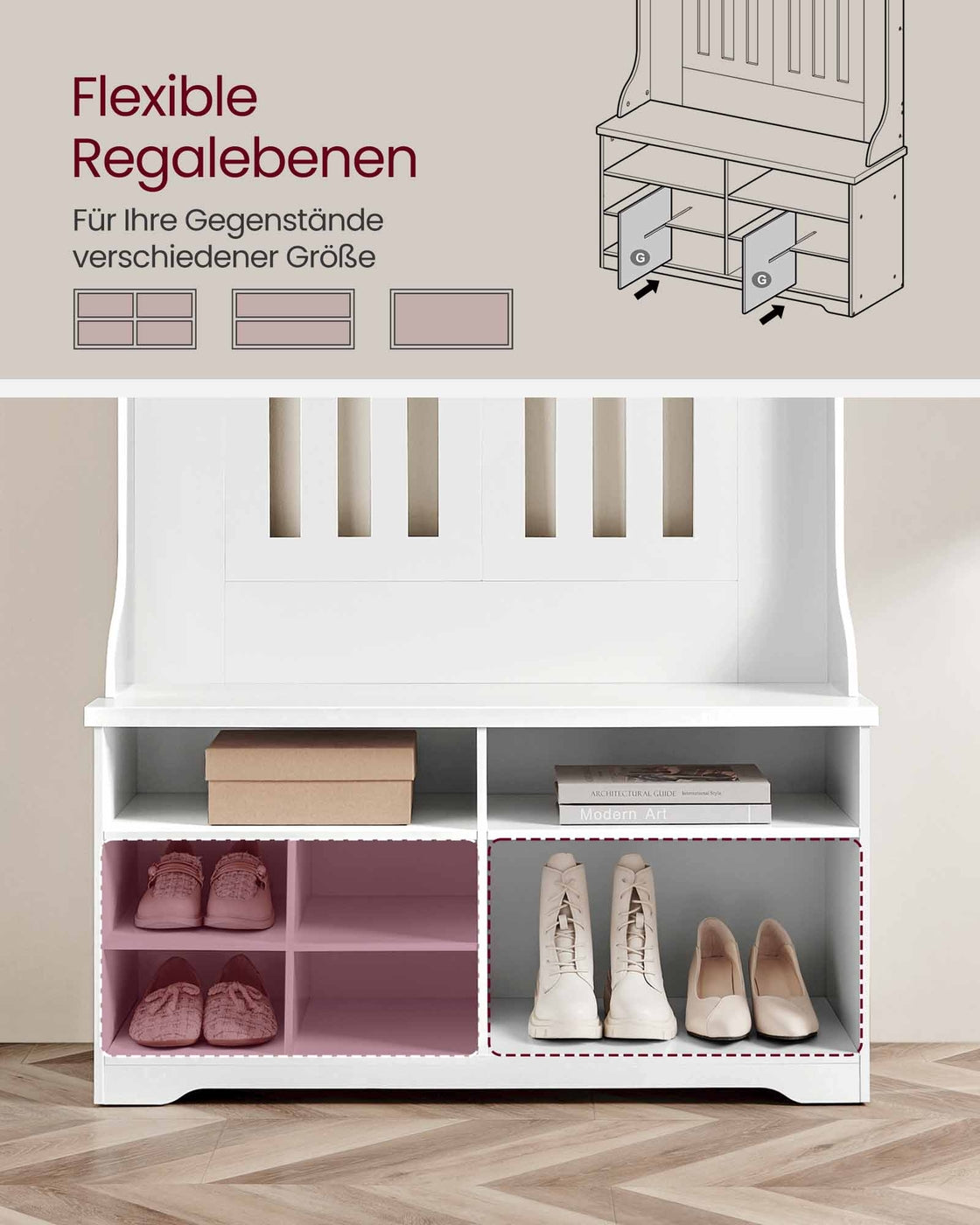 Garderobe mit Schuhbank – Kleiderschrank mit Bank und verstellbaren Einlegeböden – mit Haken – platzsparendes Design