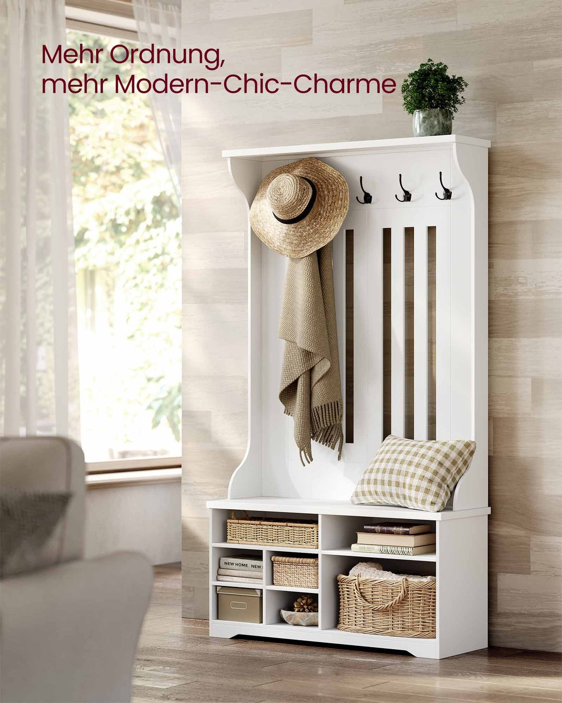 Garderobe mit Schuhbank – Kleiderschrank mit Bank und verstellbaren Einlegeböden – mit Haken – platzsparendes Design