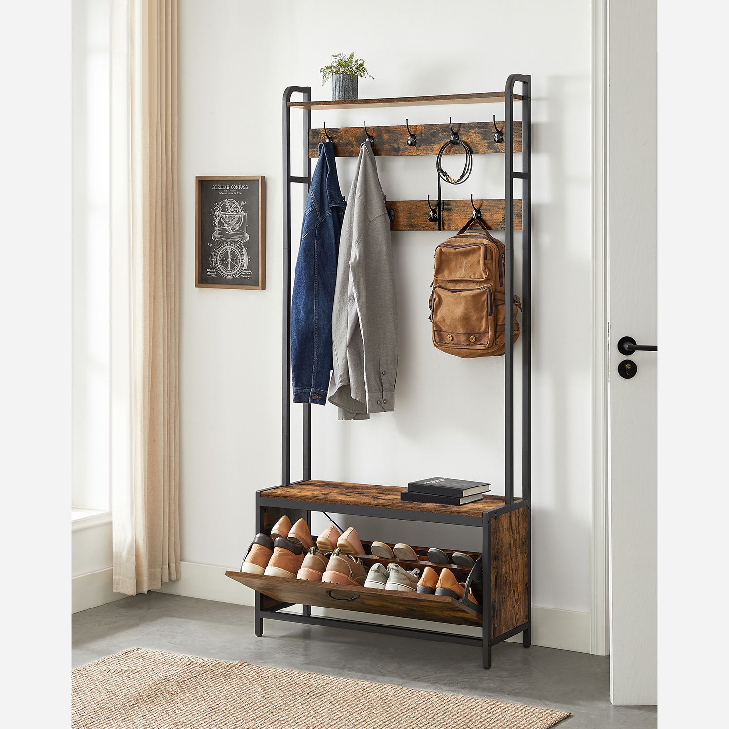 Garderobe mit Bank und Schuhschrank - Industriedesign - 4-in-1 Flurmöbel 85 cm