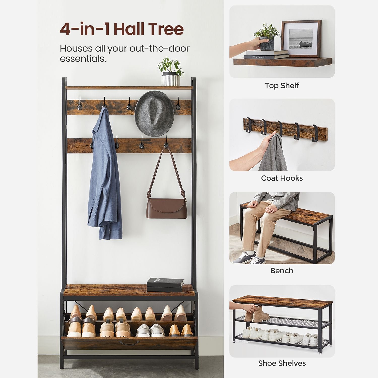 Garderobe mit Bank und Schuhschrank - Industriedesign - 4-in-1 Flurmöbel 85 cm