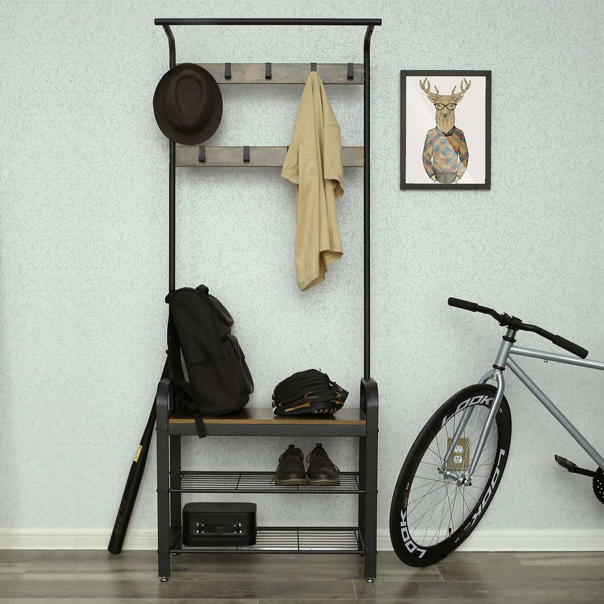 Garderobe mit Schuhregal & Sitzbank – Industriedesign Holz & Metall – 9 Haken + Kleiderstange – Flurmöbel