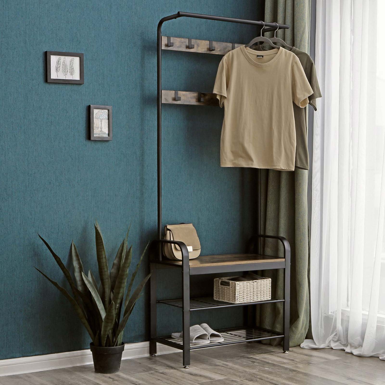 Garderobe mit Schuhregal & Sitzbank – Industriedesign Holz & Metall – 9 Haken + Kleiderstange – Flurmöbel