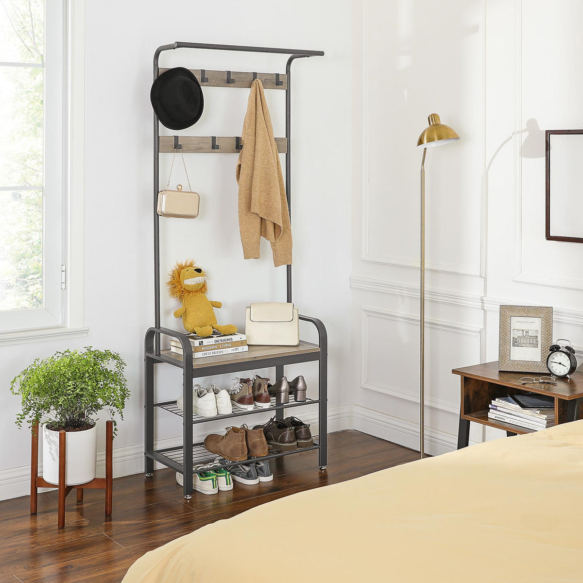 Garderobe mit Schuhregal & Sitzbank – Industriedesign Holz & Metall – 9 Haken + Kleiderstange – Flurmöbel