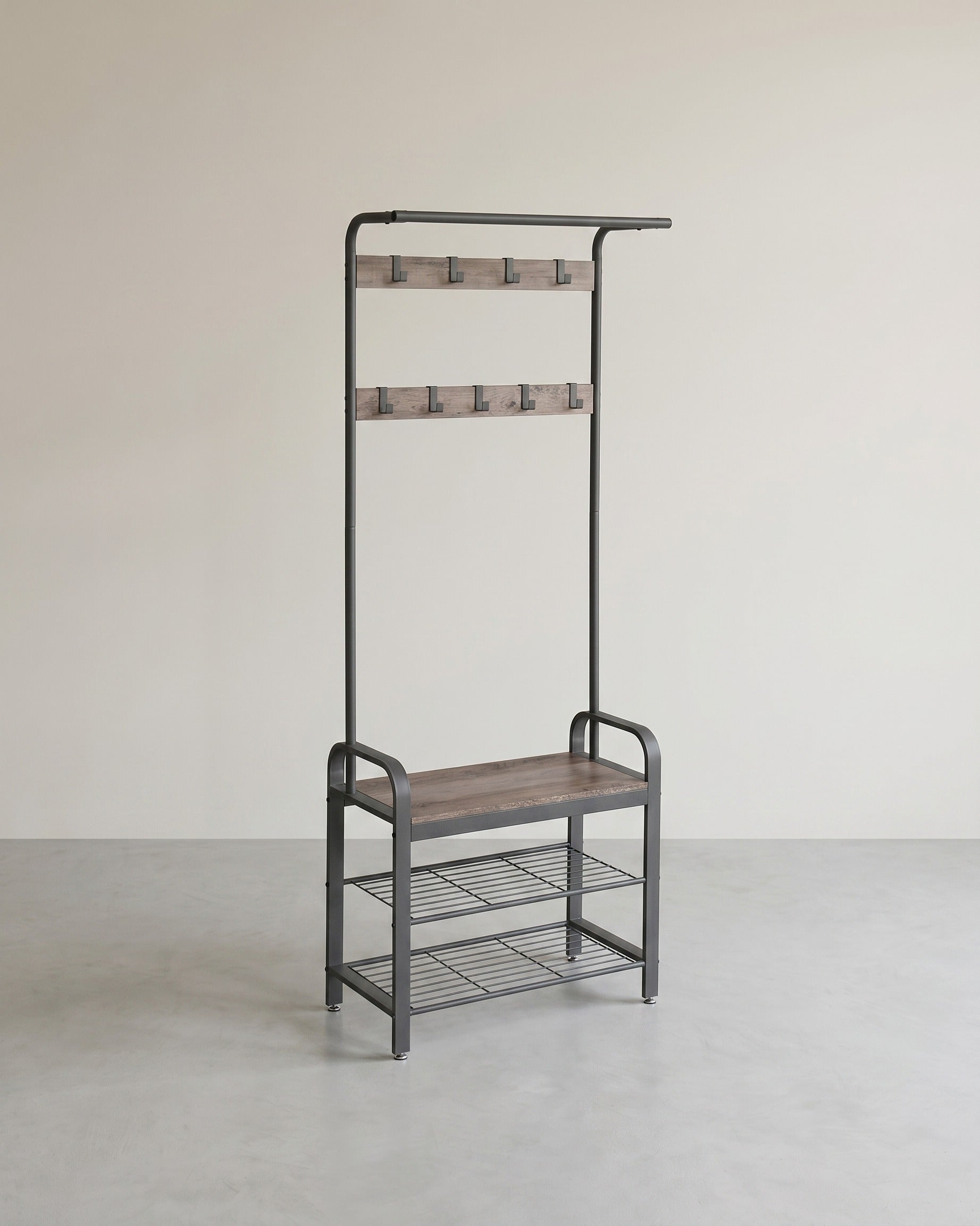 Garderobe mit Schuhregal – Industriedesign – Holz & Metall – Hellgrau