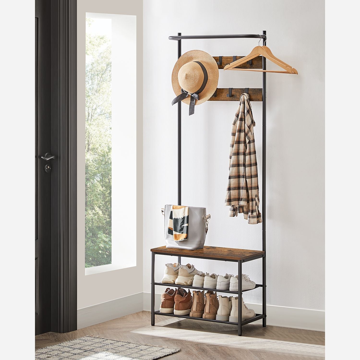 Garderobenständer mit Bank – 3-in-1-Kleiderständer – 9 Haken, 2 Ablagen und Bank
