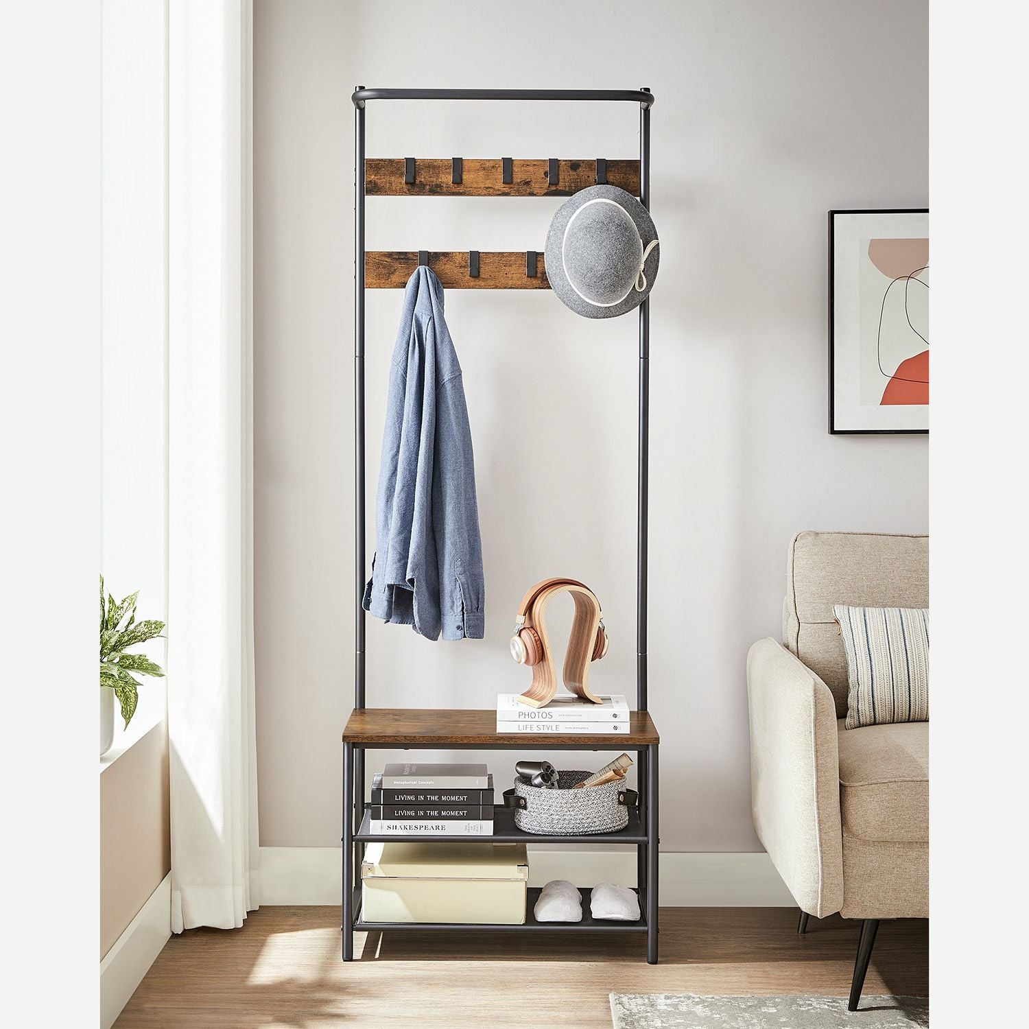 Garderobenständer mit Bank – 3-in-1-Kleiderständer – 9 Haken, 2 Ablagen und Bank