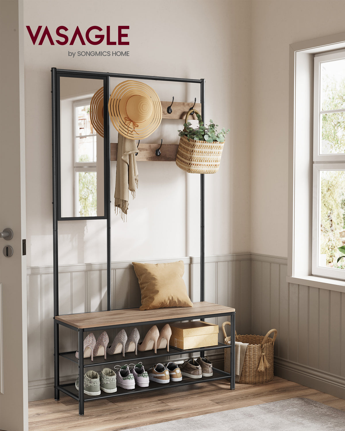 Garderobe mit Schuhablage und Spiegel – 4-in-1 Flurmöbel