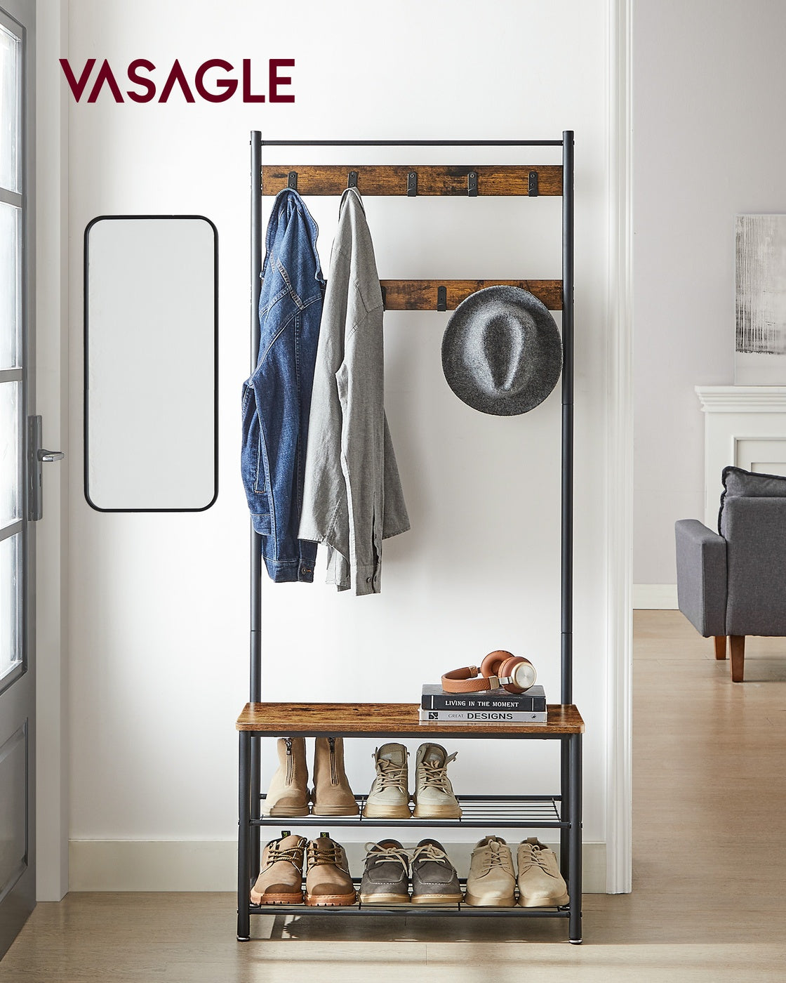 Garderobenständer mit Sitzbank – 3-in-1 Garderobe – Jacken, Schuhe & Sitzbank – 70 x 32 x 175 cm