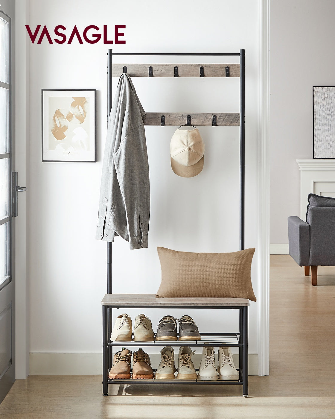 Garderobenständer mit Sitzbank – 3-in-1 Garderobe – Jacken, Schuhe & Sitzbank – 70 x 32 x 175 cm