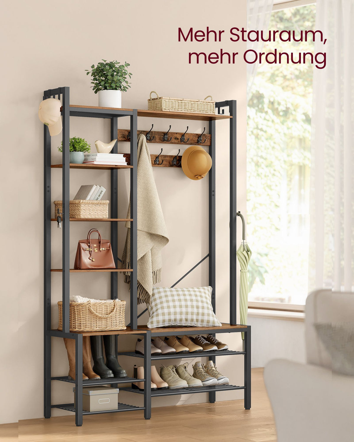 Garderobenständer mit Sitzbank und Schuhregal – 4-in-1-Design – 9 Haken, 5 Ablagen und Stauraum