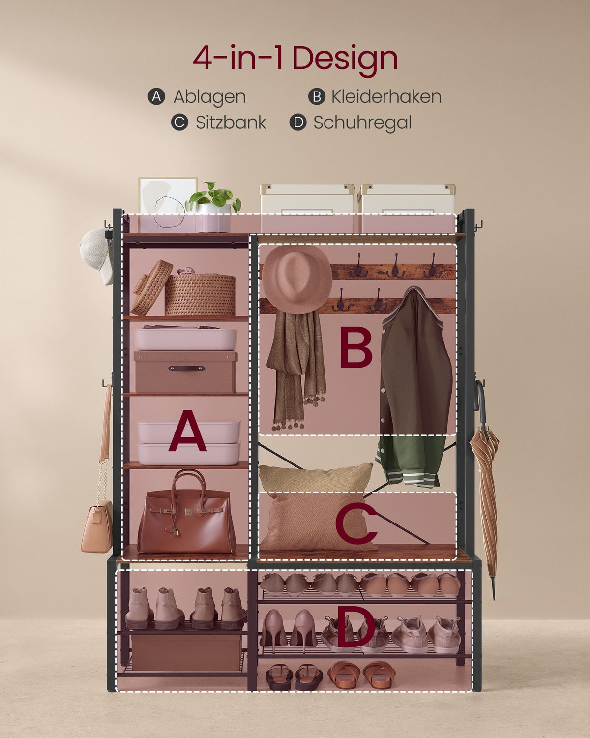 Garderobenständer mit Sitzbank und Schuhregal – 4-in-1-Design – 9 Haken, 5 Ablagen und Stauraum