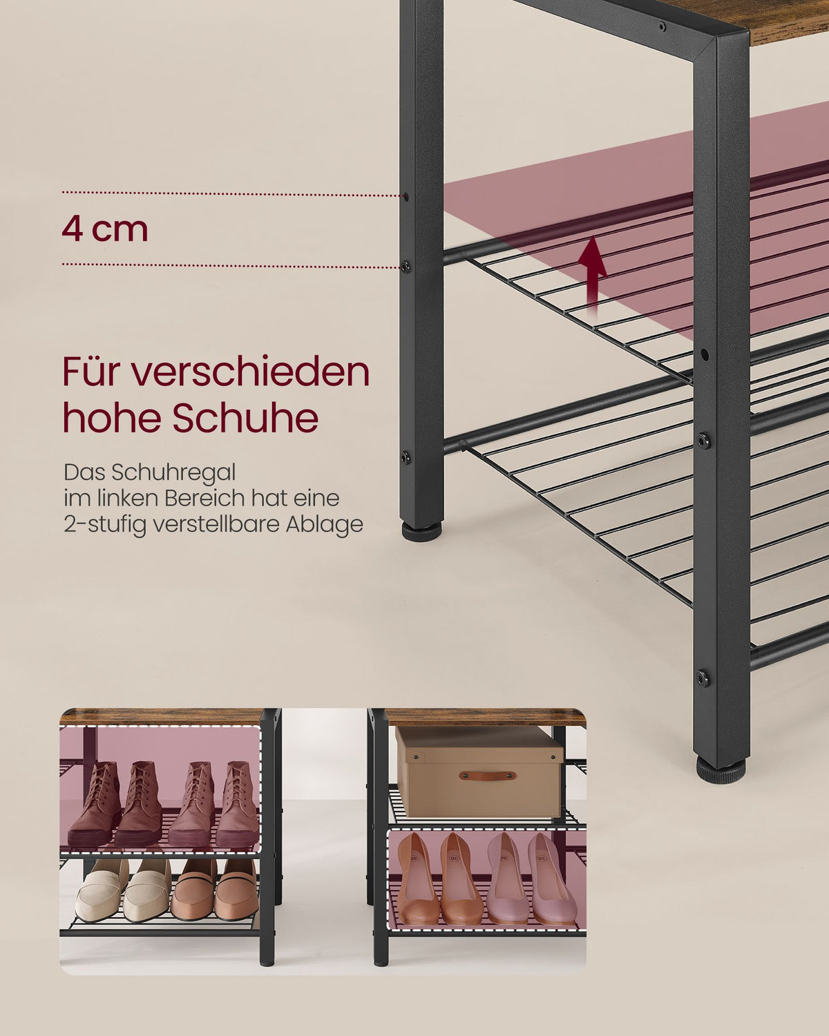 Garderobenständer mit Sitzbank und Schuhregal – 4-in-1-Design – 9 Haken, 5 Ablagen und Stauraum