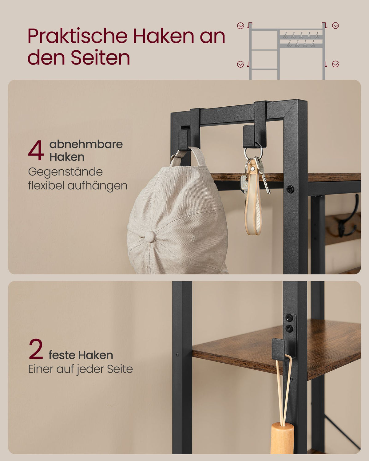 Garderobenständer mit Sitzbank und Schuhregal – 4-in-1-Design – 9 Haken, 5 Ablagen und Stauraum