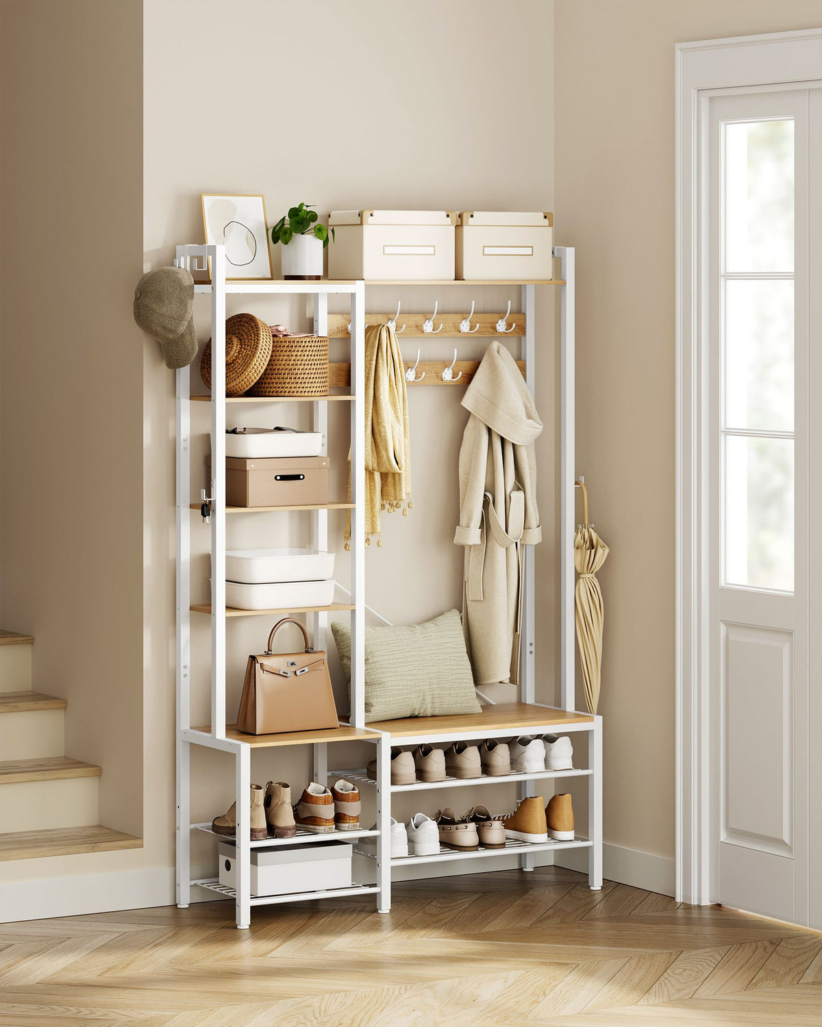 Garderobenständer mit Sitzbank und Schuhregal – 4-in-1-Design – 9 Haken, 5 Ablagen und Stauraum