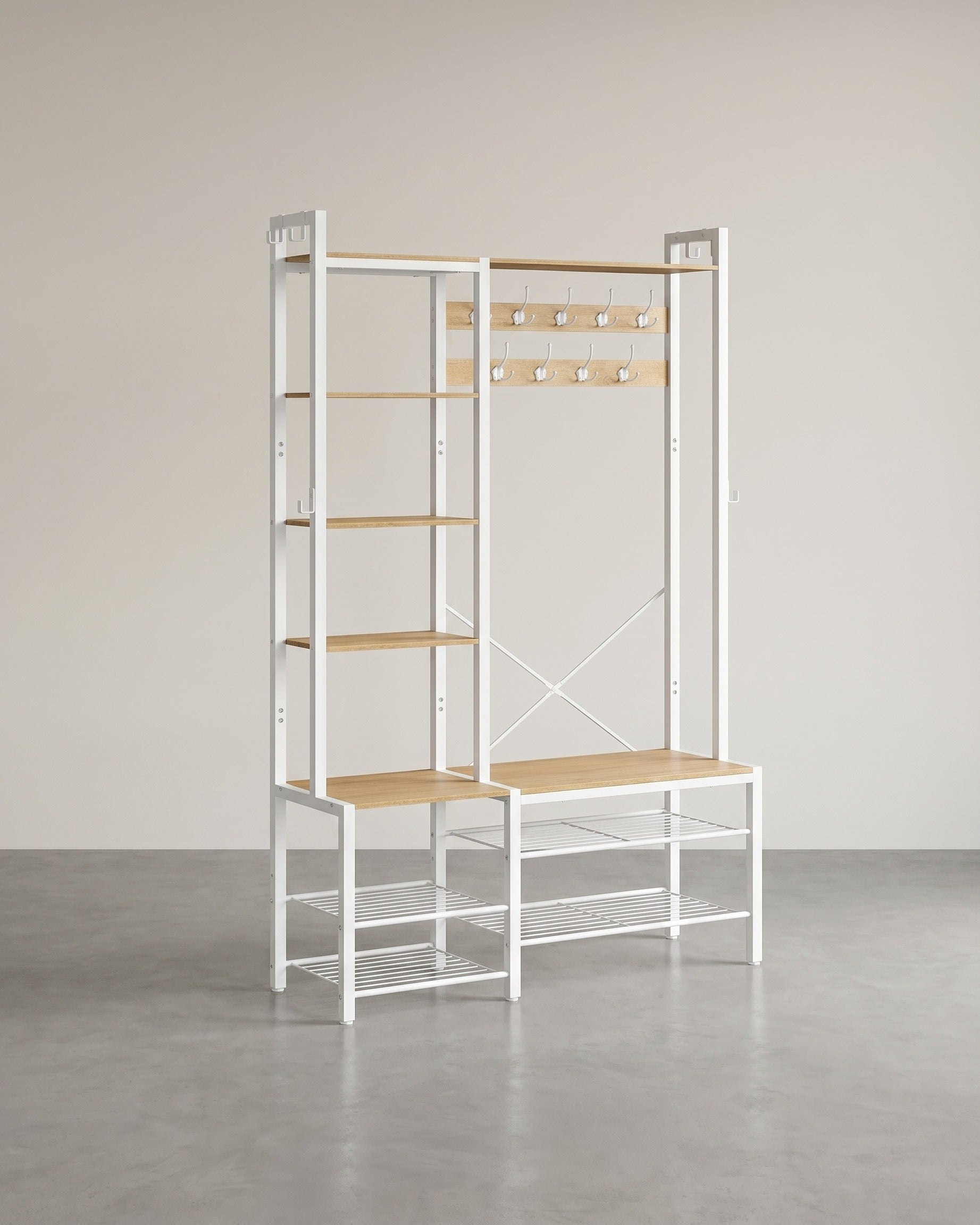 Garderobenständer mit Sitzbank und Schuhregal – 4-in-1-Design – 9 Haken, 5 Ablagen und Stauraum – Weiß