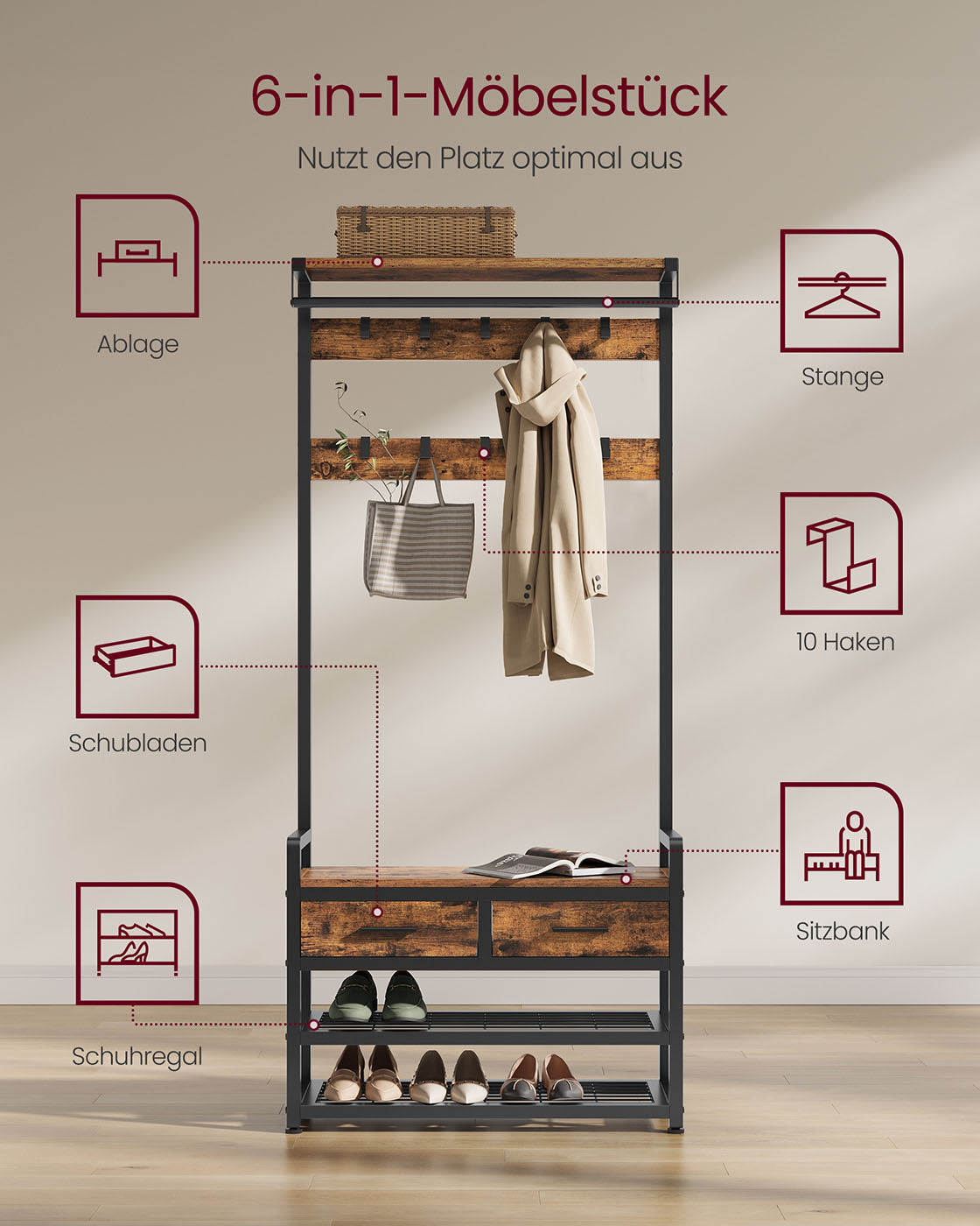 Garderobe mit Schuhregal, Schubladen und Kleiderstange – 6-in-1 Flurmöbel