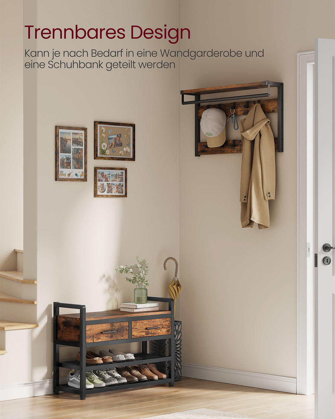 Garderobe mit Schuhregal, Schubladen und Kleiderstange – 6-in-1 Flurmöbel