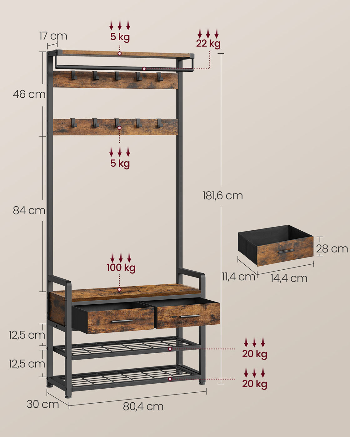 Garderobe mit Schuhregal, Schubladen und Kleiderstange – 6-in-1 Flurmöbel