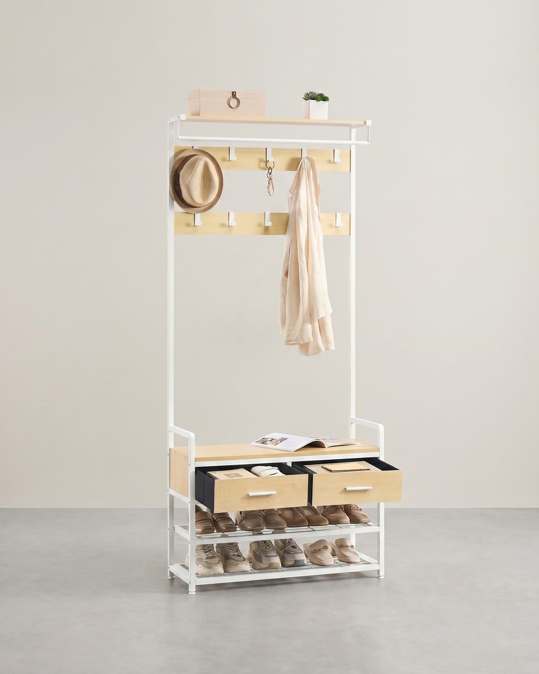 Garderobe mit Schuhregal, Schubladen und Kleiderstange – 6-in-1 Flurmöbel – Eiche