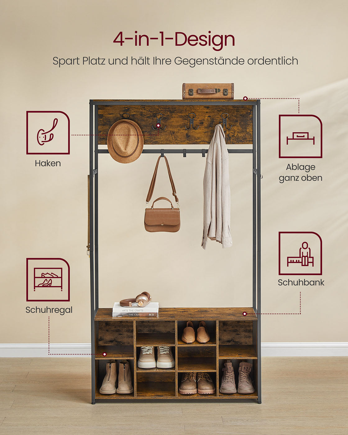 Garderobe mit Sitzbank und Schuhregal – Industriedesign – 4-in-1-Design