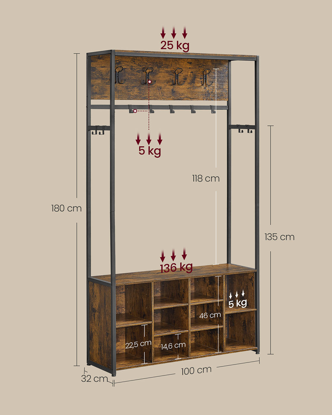 Garderobe mit Sitzbank und Schuhregal – Industriedesign – 4-in-1-Design