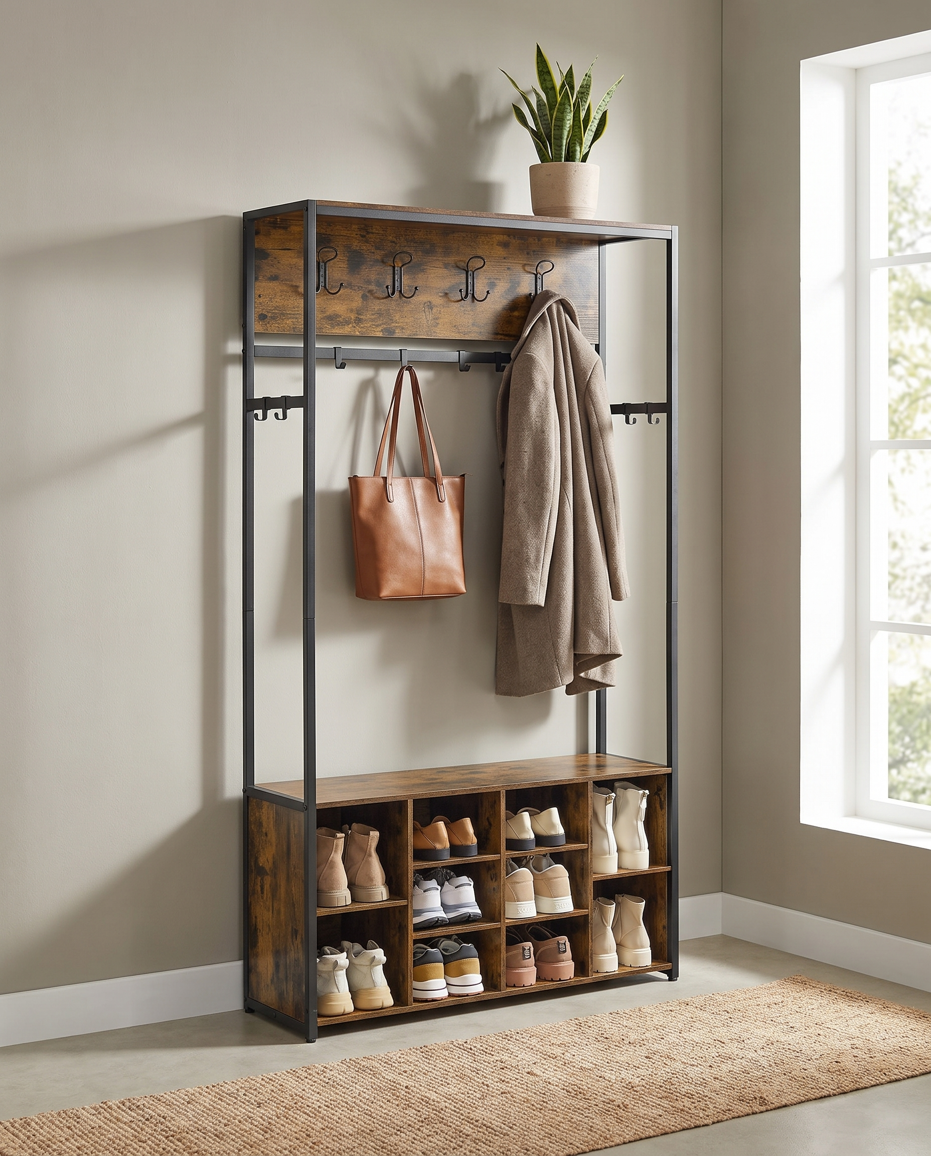 Industrielle Garderobe mit Bank und Schuhregal – 4-in-1-Design