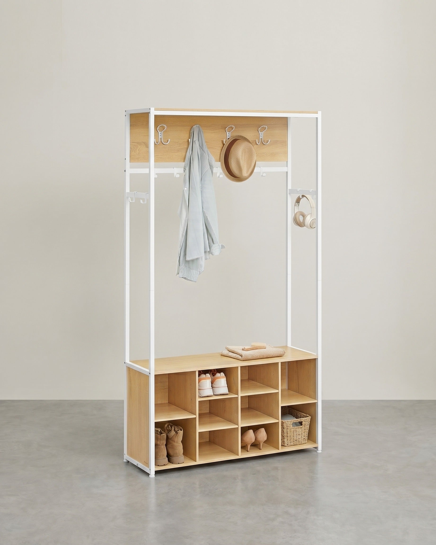 Industrielle Garderobe mit Bank und Schuhregal – 4-in-1-Design – Eiche