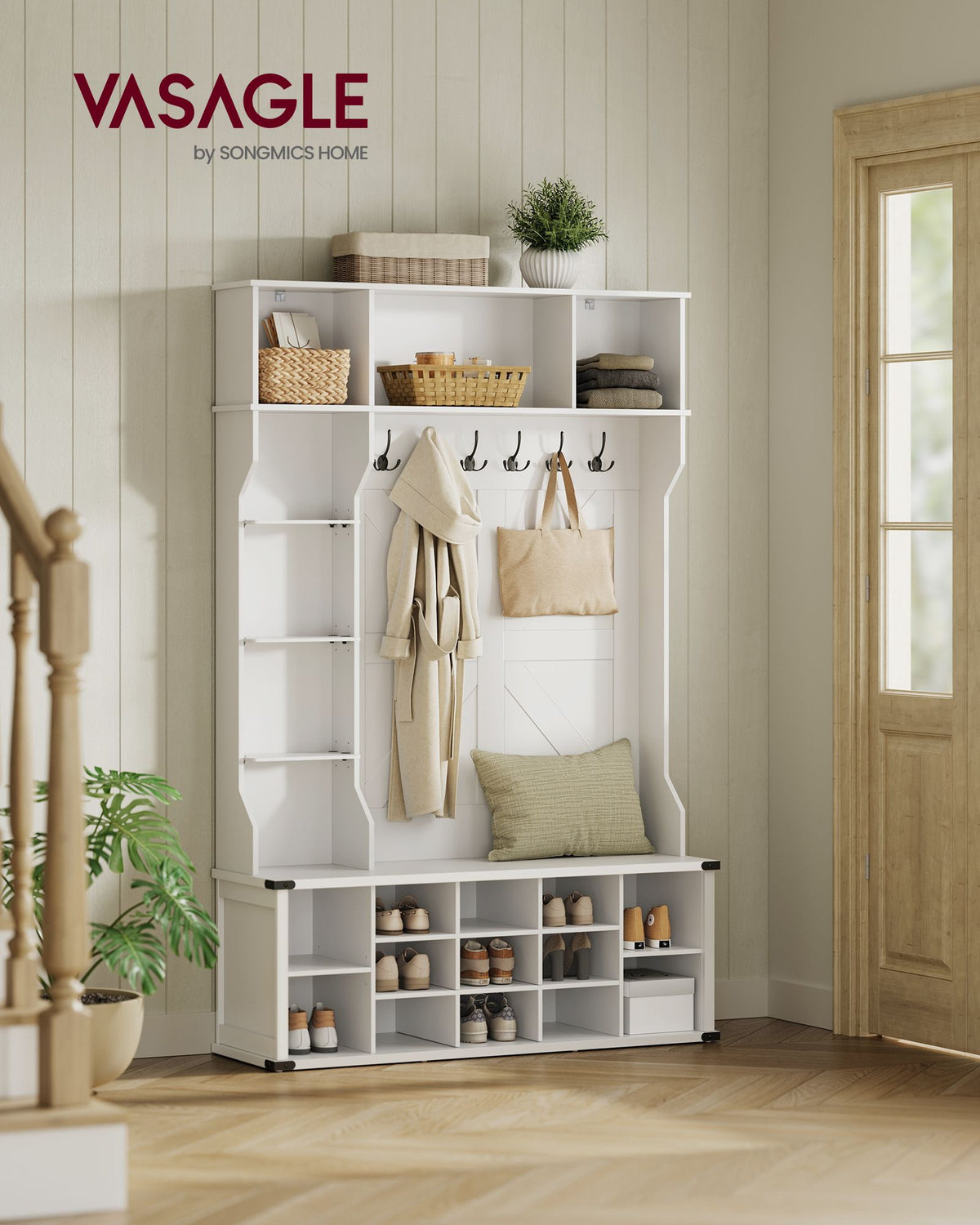 Garderobe mit Schuhregal – 4-in-1-Eingangsmöbel – Bank, Regale und Haken – 130 cm breit – Weiß – Landhausstil